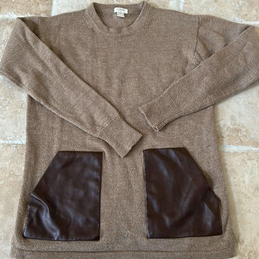 J.Crew Tan Beige Merino Wool Faux Leather Pockets Sweater XS